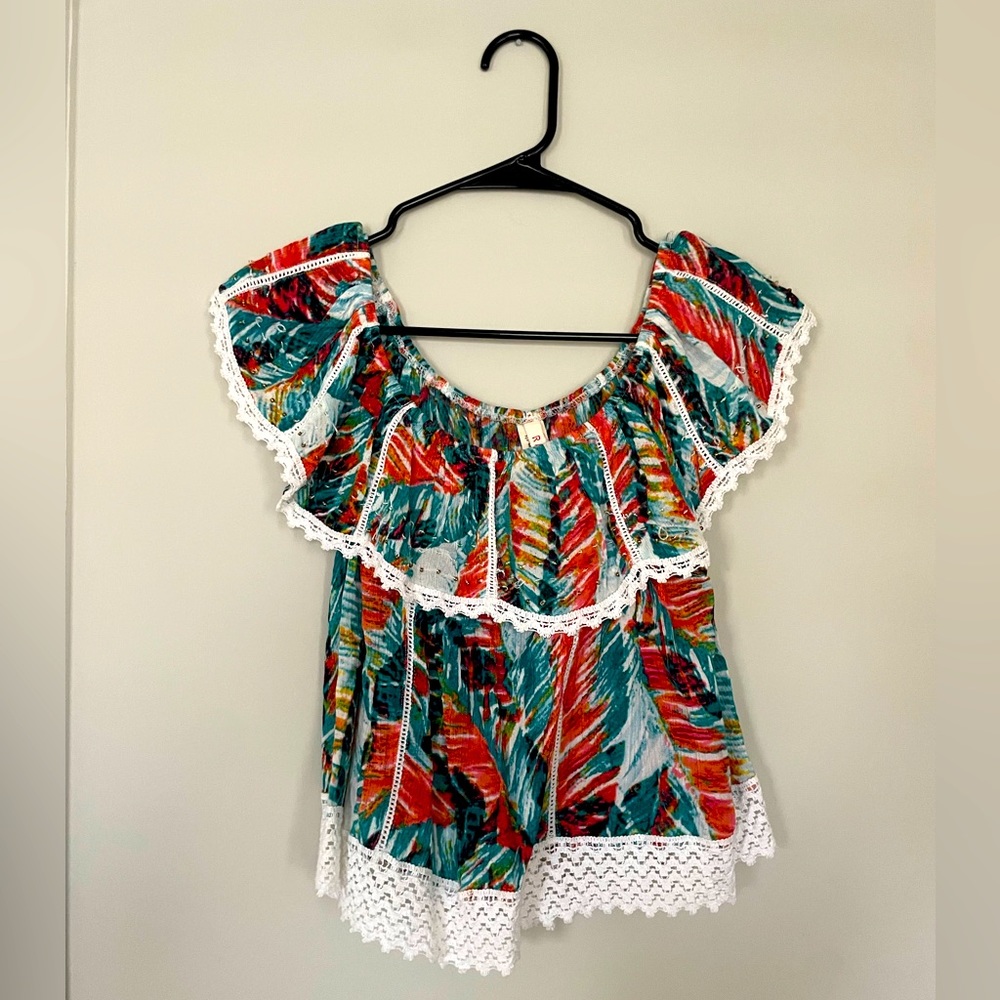 Raga brand off the shoulder multi colored top with small beads and lace. Size M
